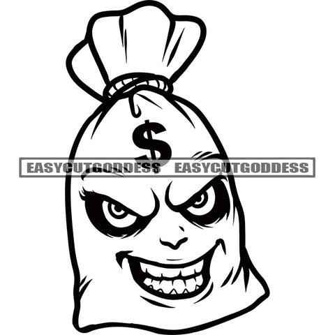 Funny Money Bag Cartoon Character Smile Face Artwork BW Dollar Sigh Art On Bag Head Vector SVG JPG PNG Vector Clipart Cricut Silhouette Cut Cutting