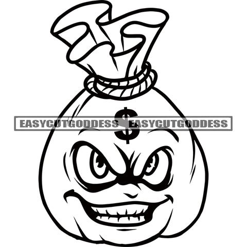 Funny Small Money Bag Cartoon Character Smile Face Artwork BW Dollar Sigh Art On Bag Head Vector SVG JPG PNG Vector Clipart Cricut Silhouette Cut Cutting