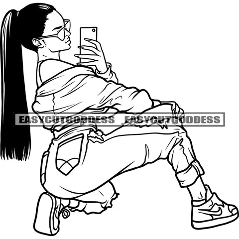 Sexy African American Woman Sitting Take Selfie Pose Vector Artwork Wearing Sunglasses Long Hairstyle BW SVG JPG PNG Vector Clipart Cricut Silhouette Cut Cutting