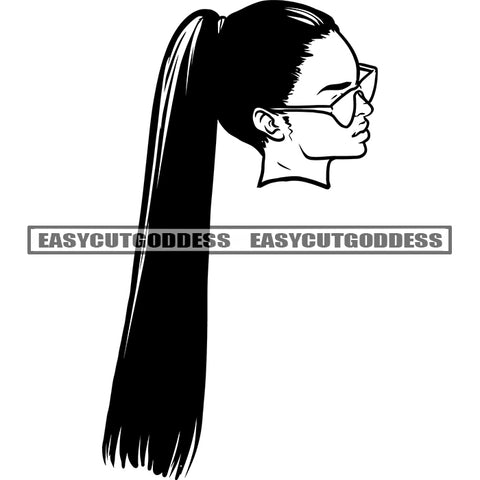 African American Woman Head Design Element Wearing Sunglasses Long Hairstyle Vector BW SVG JPG PNG Vector Clipart Cricut Silhouette Cut Cutting