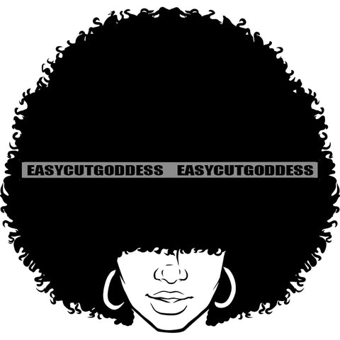 Afro Big Hairstyle Woman Wearing Hoop Earing Smile Face Black And White Artwork African American Woman SVG JPG PNG Vector Clipart Cricut Silhouette Cut Cutting