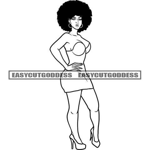 Sexy Afro Woman Standing Wearing Party Dress Hoop Earing Afro Hairstyle African American Woman BW Artwork SVG JPG PNG Vector Clipart Cricut Silhouette Cut Cutting