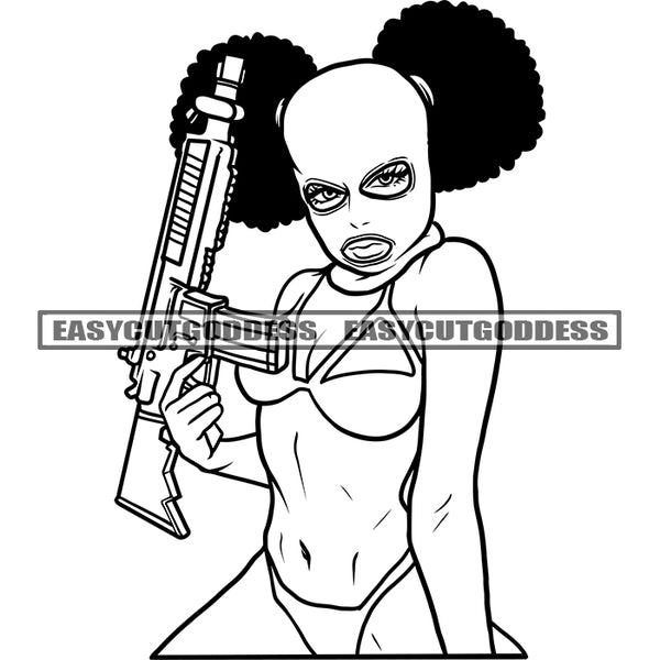 African American Gangster Woman Holding Gun Weapon Wearing Face Musk Bikini Afro Hairstyle BW Artwork Vector Design Element BW Artwork SVG JPG PNG Vector Clipart Cricut Silhouette Cut Cutting