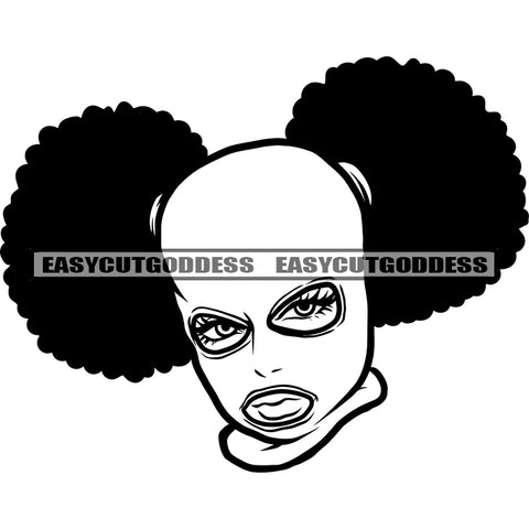 African American Gangster Woman Face Design Element Head Wearing Face Musk Afro Hairstyle BW Artwork Vector Design Element BW Artwork SVG JPG PNG Vector Clipart Cricut Silhouette Cut Cutting