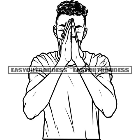 African American Smart Boy Hard Praying Hand Afro Short Hairstyle Design Element Wearing T-Shirt And Watch Vector SVG JPG PNG Vector Clipart Cricut Silhouette Cut Cutting