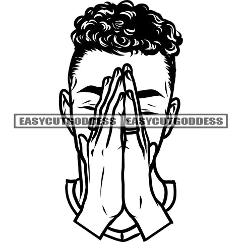 African American Smart Boy Hard Praying Hand Head Black And Hand Artwork Afro Short Hairstyle Design Element Wearing T-Shirt And Watch Vector SVG JPG PNG Vector Clipart Cricut Silhouette Cut Cutting