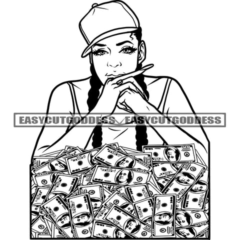 Black And White Artwork African Woman Showing Middle Finger Long Nail Vector Lot Of Money Bundle On Floor Long Hairstyle Wearing Cap Vector BW SVG JPG PNG Vector Clipart Cricut Silhouette Cut Cutting