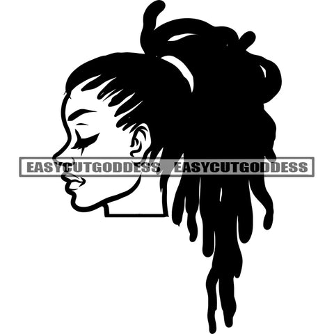 African American Woman Head BW Artwork Design Element Locus Hairstyle Side Face Design Close Eyes Vector SVG JPG PNG Vector Clipart Cricut Silhouette Cut Cutting