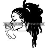 Hard Praying Hand African American Woman Head BW Artwork Design Element Locus Hairstyle Side Face Design Close Eyes Vector SVG JPG PNG Vector Clipart Cricut Silhouette Cut Cutting