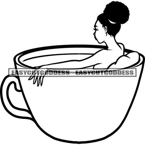 African Woman Bath On Cup Afro Hairstyle BW Artwork Black And White Artwork Design Element White Background SVG JPG PNG Vector Clipart Cricut Silhouette Cut Cutting