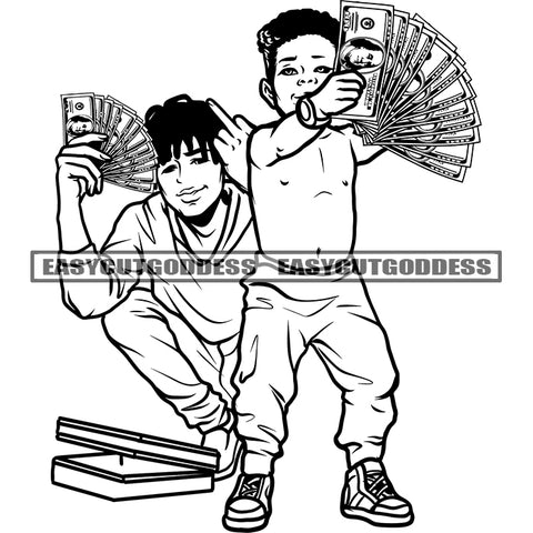 African Boys Showing Middle Finger And Money Afro Hairstyle Holding Money Note Vector BW Artwork Box On Floor Design Element SVG JPG PNG Vector Clipart Cricut Silhouette Cut Cutting