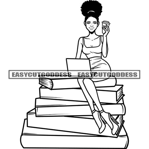 African American Sexy Woman Sitting On Book Holding Mug Laptop Vector Design Element Black And White BW Afro Hairstyle SVG JPG PNG Vector Clipart Cricut Silhouette Cut Cutting