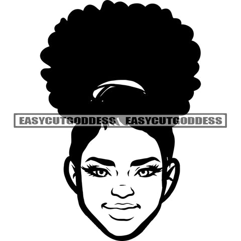 Black And White Artwork African American Woman Head And Face Design Element Afro Hairstyle Smile Face BW SVG JPG PNG Vector Clipart Cricut Silhouette Cut Cutting