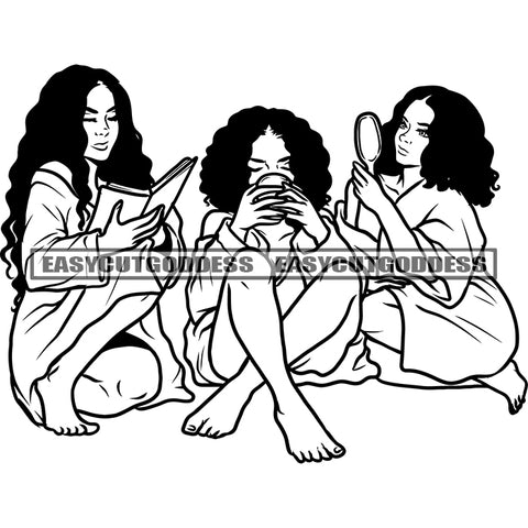 African American Sexy Woman Squad Sitting On Floor Holding Mug And Book Curly Long Hairstyle Design Element Woman Sexy Pose SVG JPG PNG Vector Clipart Cricut Silhouette Cut Cutting