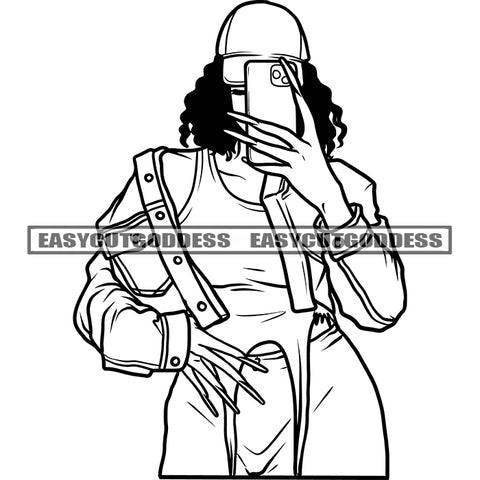 Sexy African American Woman Holding Phone Long Nail Wearing Cap Vector Curly Long Hairstyle And Shirt SVG JPG PNG Vector Clipart Cricut Silhouette Cut Cutting