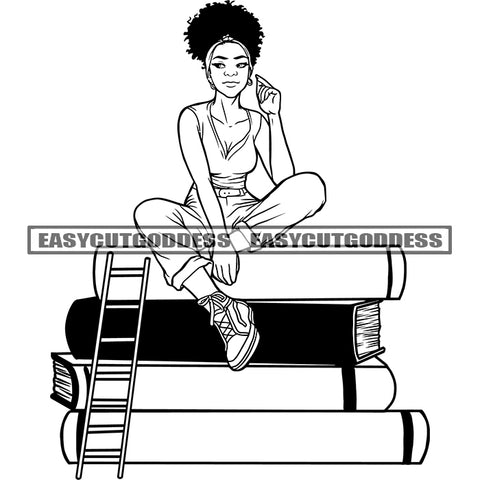 African American Sexy Woman Sitting On Book Holding Mug Stair Vector Design Element Black And White BW Afro Hairstyle SVG JPG PNG Vector Clipart Cricut Silhouette Cut Cutting