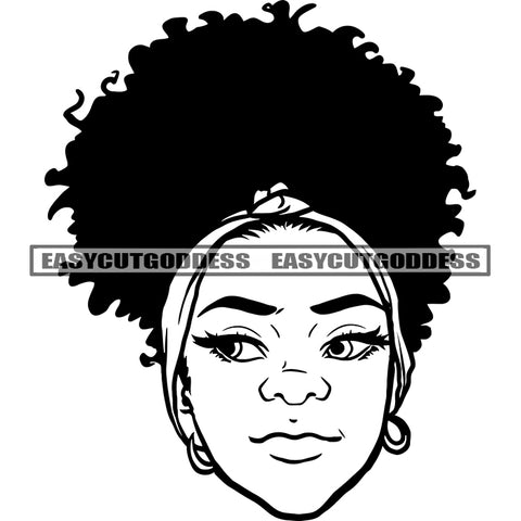 African American Woman Head Curly Hairstyle Wearing Head Smile Face Hoop Earing Design Element Black And White Artwork BW SVG JPG PNG Vector Clipart Cricut Silhouette Cut Cutting