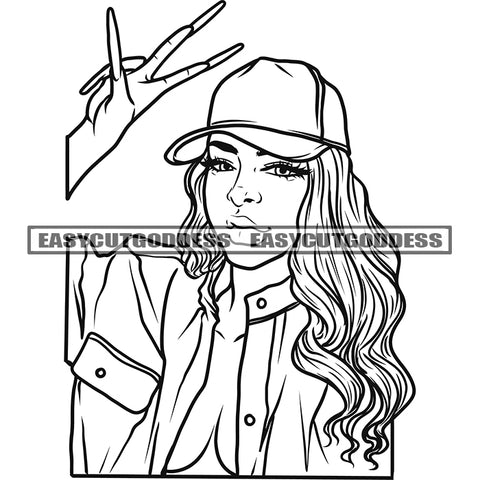 Black And White African American Woman Showing Peach Hand Sign Wearing Cap Curly Long Hairstyle Design Element Smile Face SVG JPG PNG Vector Clipart Cricut Silhouette Cut Cutting