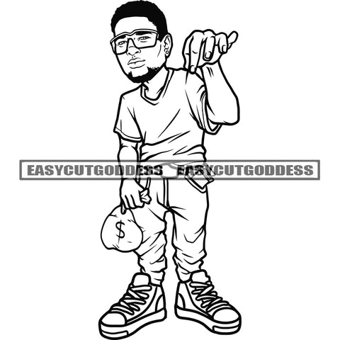African American Gangster Boy Holding Money Bag Wearing Sunglasses Afro Short Hairstyle Design Element Afro Angry Boys SVG JPG PNG Vector Clipart Cricut Silhouette Cut Cutting