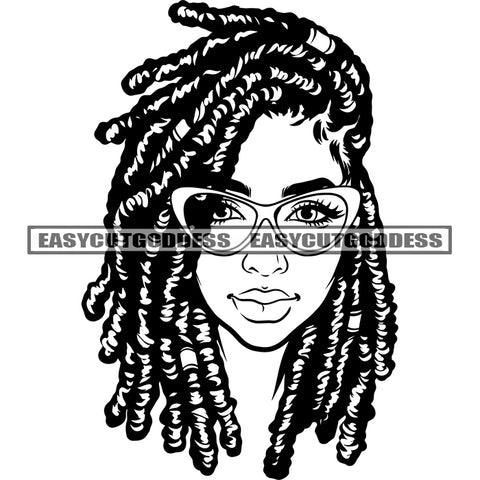 African American Woman Face Design Element Locus Hairstyle Woman Wearing Sunglasses Vector BW Artwork SVG JPG PNG Vector Clipart Cricut Silhouette Cut Cutting