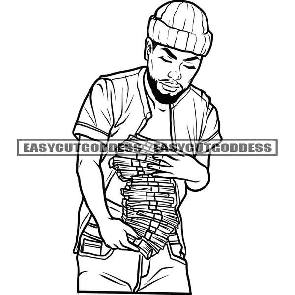 African American Gangster Man Holding Money Bundle And Wearing Cap Vector Black And White Artwork Design Element BW SVG JPG PNG Vector Clipart Cricut Silhouette Cut Cutting
