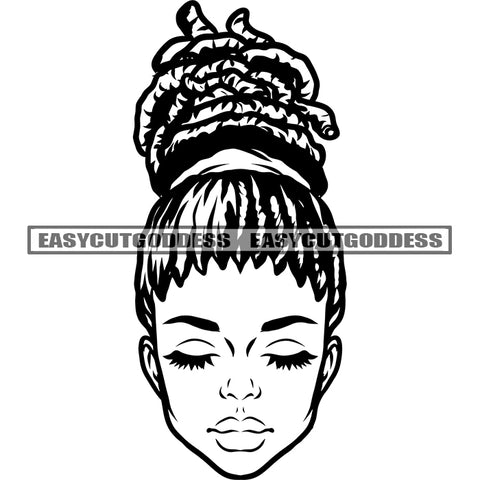 Black And White Artwork African American Woman Head Design Element Locus Hairstyle Close Eyes Cute Face SVG JPG PNG Vector Clipart Cricut Silhouette Cut Cutting