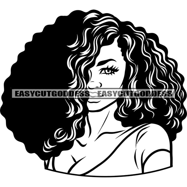Black And White African American Sexy Woman Face Design Element Curly Long Hairstyle Vector One Eyes Vector SVG JPG PNG Vector Clipart Cricut Silhouette Cut Cutting