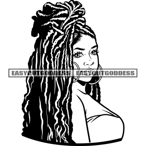 Sexy African American Woman Side Look BW Artwork Locus Hairstyle Wearing Hoop Earing Vector Sexy Body SVG JPG PNG Vector Clipart Cricut Silhouette Cut Cutting