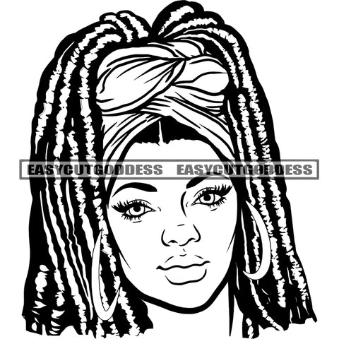 African American Woman Sexy Pose Wearing Hoop Earing Vector Head Scarf On Head Locus Hairstyle Smile Face Design Element SVG JPG PNG Vector Clipart Cricut Silhouette Cut Cutting