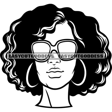 African American Woman Wearing Hoop Earing And Sunglasses Vector Curly Hairstyle Design Element SVG JPG PNG Vector Clipart Cricut Silhouette Cut Cutting