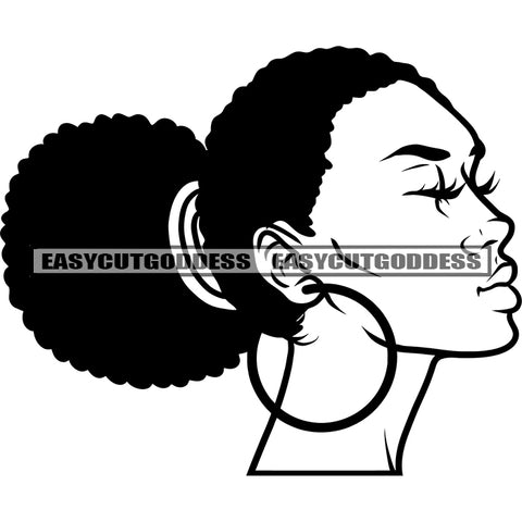 Black And White Artwork African American Woman Side Face Design Element Wearing Hoop Earring Vector Woman Close Eyes SVG JPG PNG Vector Clipart Cricut Silhouette Cut Cutting