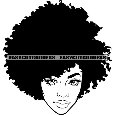 African American Woman Cute Face Design Element Smile Face Afro Hairstyle Vector Black And White Artwork SVG JPG PNG Vector Clipart Cricut Silhouette Cut Cutting