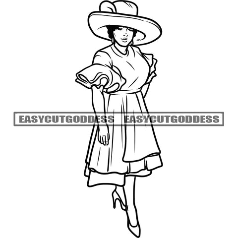 Standing Woman Wearing Hat African American Woman Cute Face Design Element Smile Face Afro Hairstyle Vector Black And White Artwork SVG JPG PNG Vector Clipart Cricut Silhouette Cut Cutting