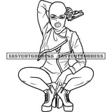 Gangster African American Woman Holding Gun Weapon Vector BW Artwork Design Element Showing Middle Finger Wearing Face Musk SVG JPG PNG Vector Clipart Cricut Silhouette Cut Cutting