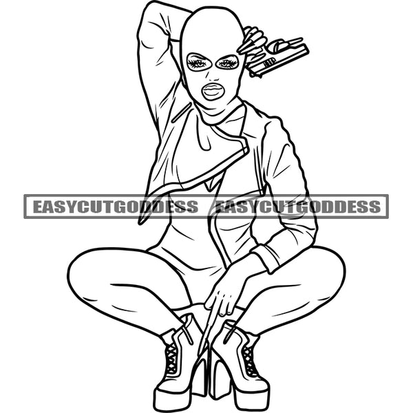 Gangster African American Woman Holding Gun Weapon Vector BW Artwork Design Element Showing Middle Finger Wearing Face Musk SVG JPG PNG Vector Clipart Cricut Silhouette Cut Cutting