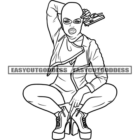 Gangster African American Woman Holding Gun Weapon Vector BW Artwork Design Element Showing Middle Finger Wearing Face Musk SVG JPG PNG Vector Clipart Cricut Silhouette Cut Cutting