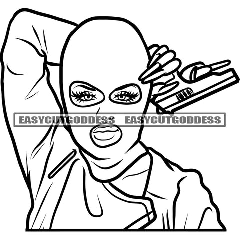 Gangster African American Woman Holding Gun Weapon Vector BW Artwork Design Element Showing Wearing Face Musk SVG JPG PNG Vector Clipart Cricut Silhouette Cut Cutting