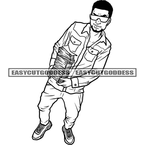 Black And White Artwork Afro Man Holding Lot Of Money Bundle BW African American Man Wearing Sunglasses Vector Afro Hairstyle SVG JPG PNG Vector Clipart Cricut Silhouette Cut Cutting