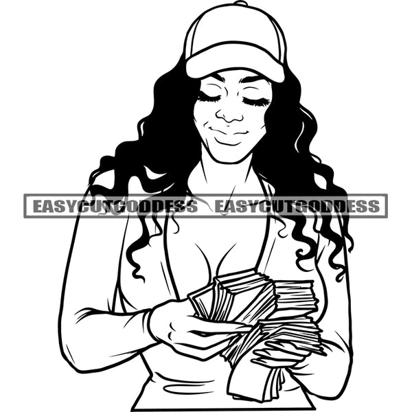 Gangster African Woman Holding Money Smile Face Wearing Cap Curly Hairstyle Vector BW Artwork Sexy Afro Woman Sexy Body SVG JPG PNG Vector Clipart Cricut Silhouette Cut Cutting