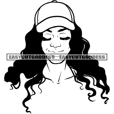 Black And White African American Woman Smile Face Curly Hairstyle Wearing Cap Design Element SVG JPG PNG Vector Clipart Cricut Silhouette Cut Cutting