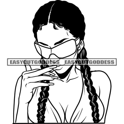 African American Sexy Woman Bite On His Finger Long Hairstyle Wearing Bikini Vector Wearing Sunglass BW Artwork SVG JPG PNG Vector Clipart Cricut Silhouette Cut Cutting