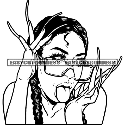 African American Sexy Woman Tongue Out Of Mouth Long Nail Design Element Long Hairstyle Wearing Bikini Vector Wearing Sunglass BW Artwork SVG JPG PNG Vector Clipart Cricut Silhouette Cut Cutting