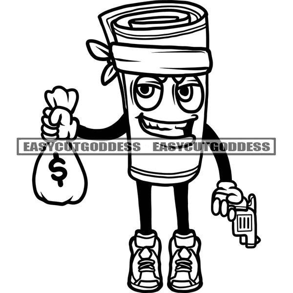 Gangster Money Roll Cartoon Character Holding Money Bag And Gun Vector Smile Face BW Artwork SVG JPG PNG Vector Clipart Cricut Silhouette Cut Cutting