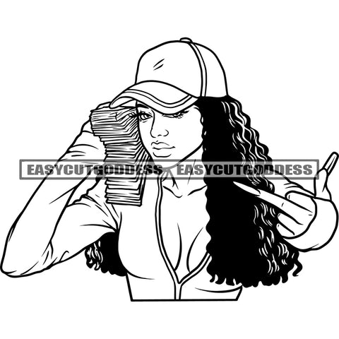 African American Woman Holding Money Bundle Showing Middle Finger Long Nail Wearing Cap Sexy Dress Curly Hairstyle BW Artwork SVG JPG PNG Vector Clipart Cricut Silhouette Cut Cutting