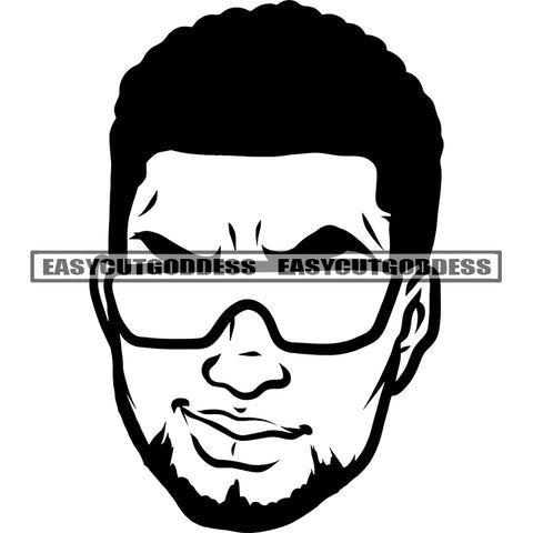 Black And White African Man Head Artwork Design Element Wearing Sunglasses Afro Short Hairstyle Smile Face SVG JPG PNG Vector Clipart Cricut Silhouette Cut Cutting