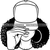 African American Woman Holding Cap Wearing Hoop Earing Long Nail Afro Hairstyle Hide Face Black And White Artwork BW Design Element SVG JPG PNG Vector Clipart Cricut Silhouette Cut Cutting