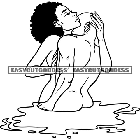 African American Couple On Pond Water Fall Pose Romance Romantic Position Color Dripping Black And White Artwork Afro Hairstyle Man Kiss On Woman SVG JPG PNG Vector Clipart Cricut Silhouette Cut Cutting