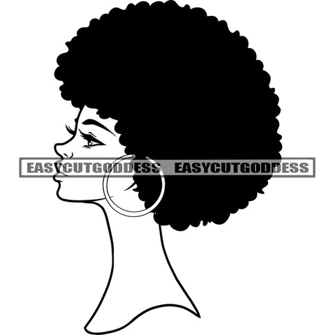 Black And White Artwork African American Woman Side Face Design Element Wearing Hoop Earing Afro Hairstyle BW SVG JPG PNG Vector Clipart Cricut Silhouette Cut Cutting