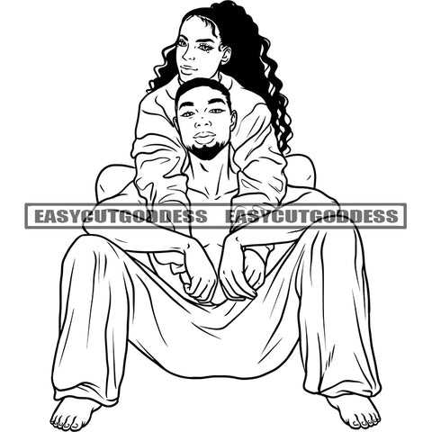 African American Gangster Couple Sitting Pose Curly Long Hairstyle Design Element Romantic Pose Romance Position BW SVG JPG PNG Vector Clipart Cricut Silhouette Cut Cutting