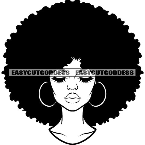 Black And White Artwork Afro Woman Face Design Element Afro Hairstyle African American Woman Close Eyes Wearing Hoop Earing Vector SVG JPG PNG Vector Clipart Cricut Silhouette Cut Cutting